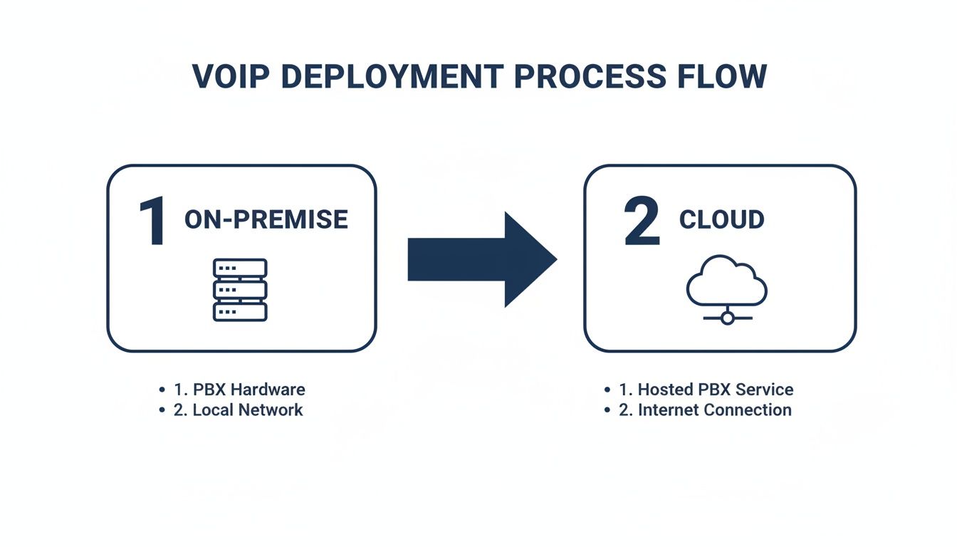 VOIP deployment process flow diagram showing on-premise and cloud solutions with components.