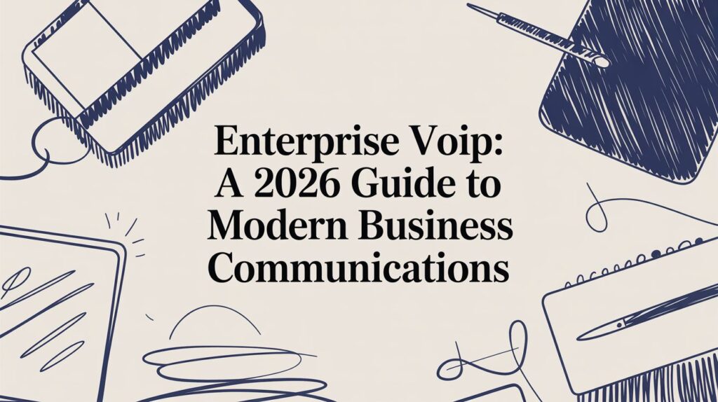 The image features the text Enterprise VoIP: A 2026 Guide to Modern Business Communications in bold, surrounded by hand-drawn office supplies like a tablet, laptop, pen, and notebook on a beige background.
