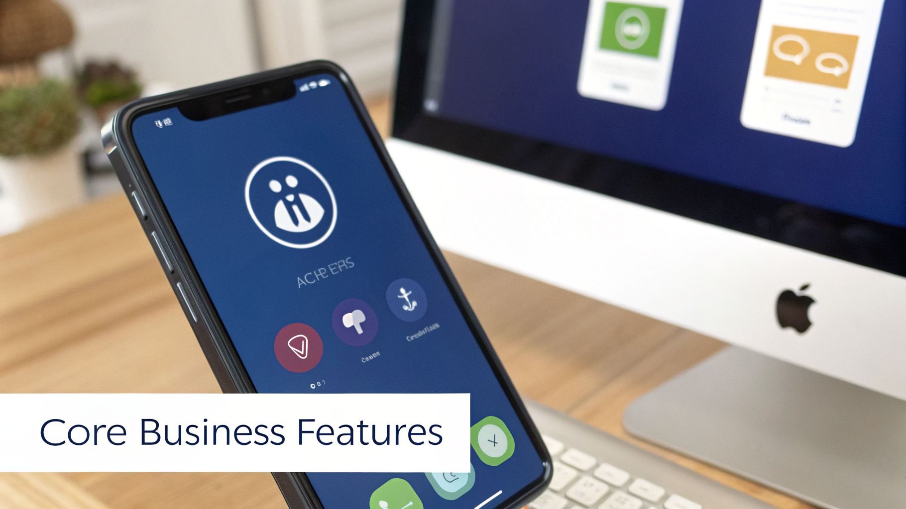 A smartphone displaying a business app with various features, next to an Apple iMac showing application interfaces, highlighting core business features.