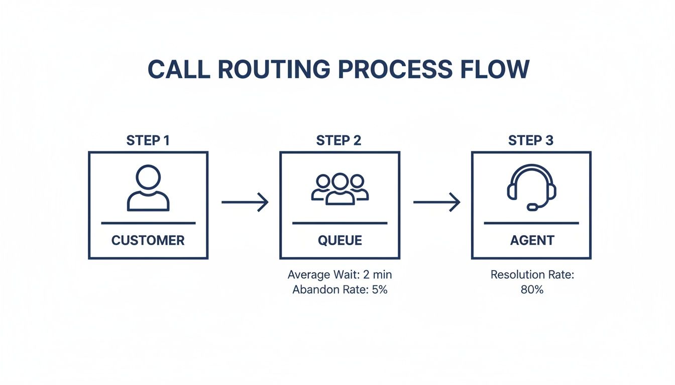 Call routing process flow diagram illustrating customer call, queue metrics, and agent resolution.