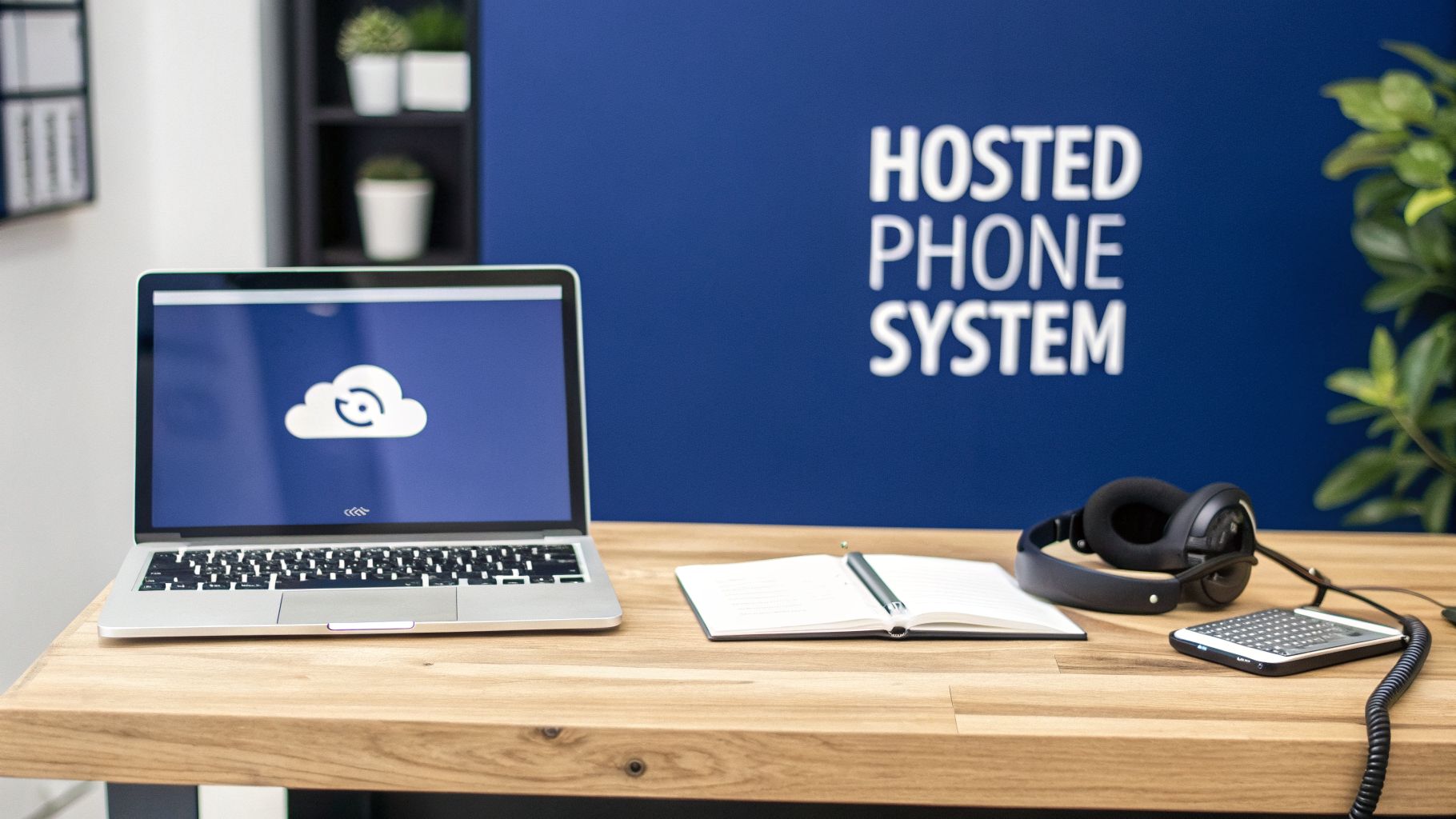 A clean office desk with a laptop displaying a cloud icon and a 'HOSTED PHONE SYSTEM' sign.