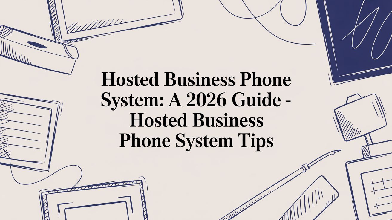 Illustrated background with office supplies and the text Hosted Business Phone System: A 2026 Guide - Hosted Business Phone System Tips in the center.