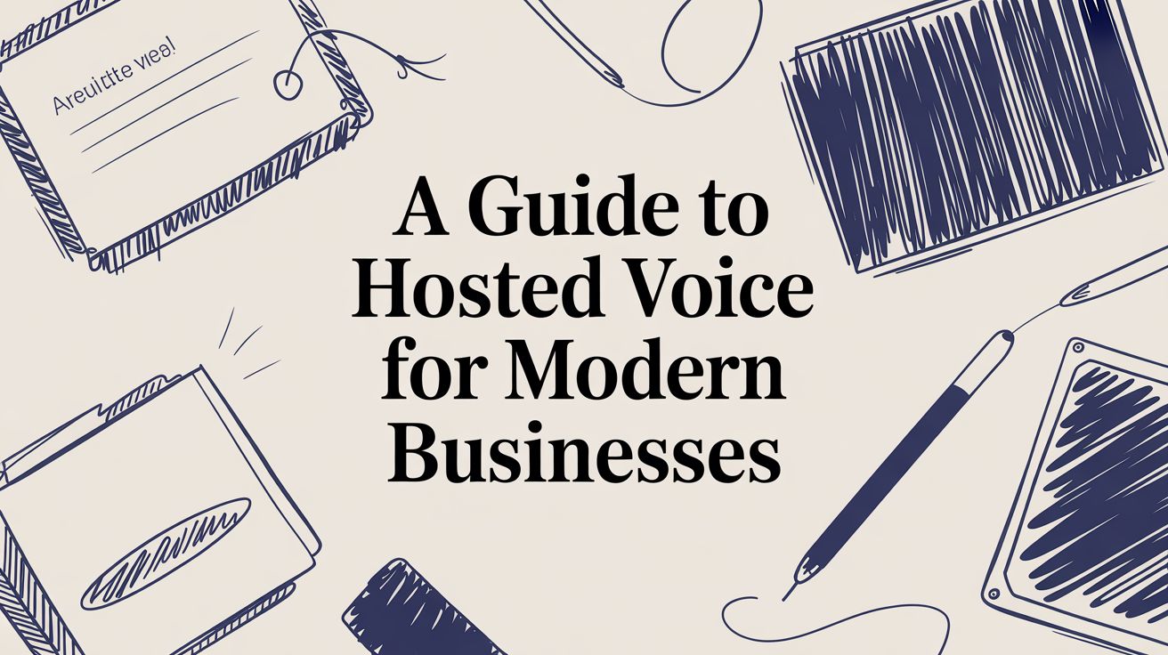 Text reads A Guide to Hosted Voice for Modern Businesses in the center, surrounded by illustrated pens, envelopes, and notepads on a light background.
