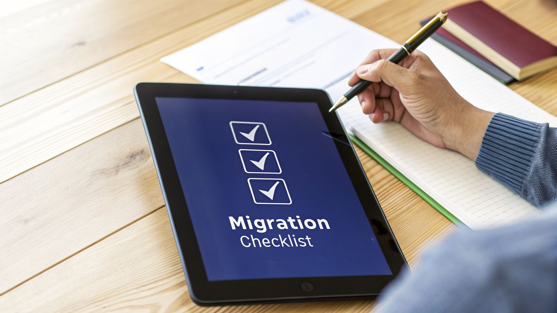 A hand holding a pen next to a tablet displaying a digital 'Migration Checklist' with checked boxes.
