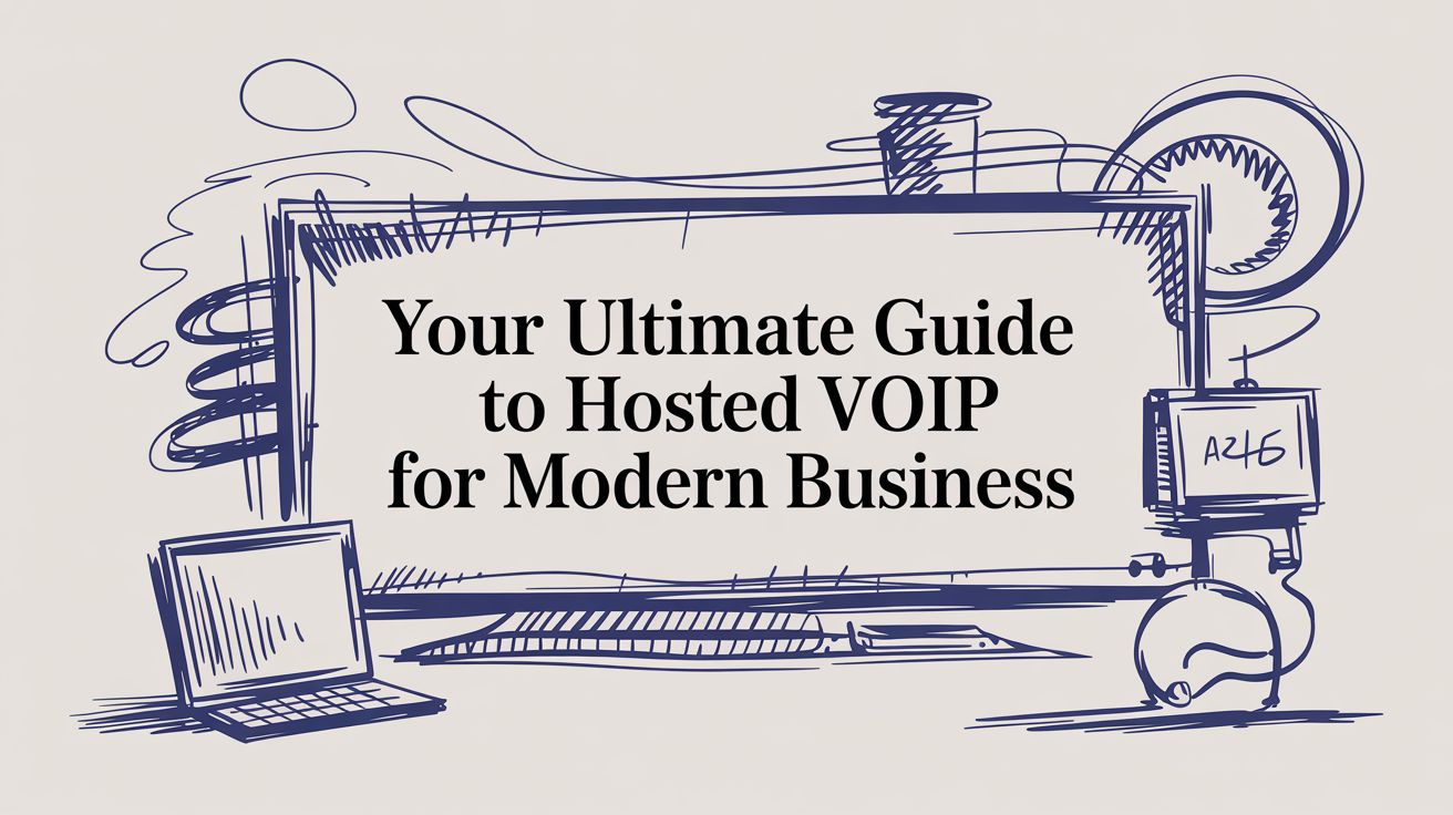 A sketch-style illustration with a laptop, monitor, phone, and clock surrounding a large screen displaying the text: Your Ultimate Guide to Hosted VOIP for Modern Business.