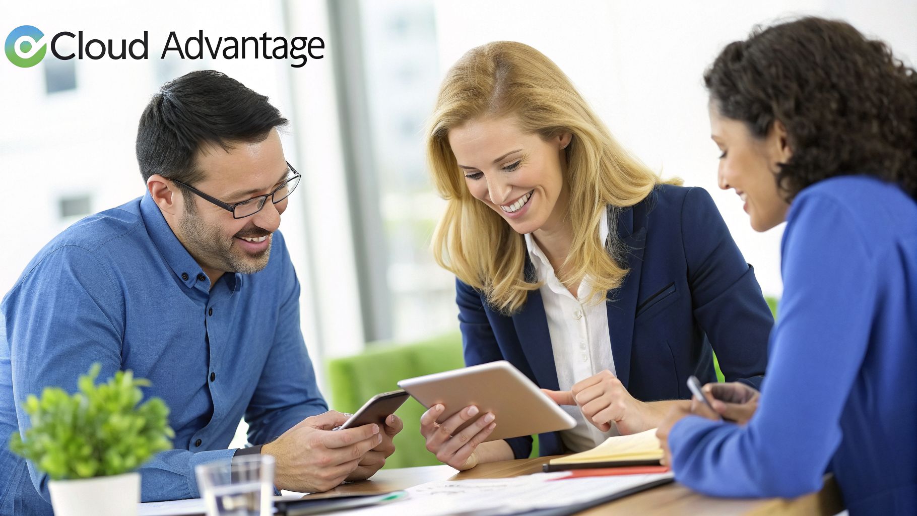 Three diverse professionals collaboratively working with a tablet and smartphone in a bright office.