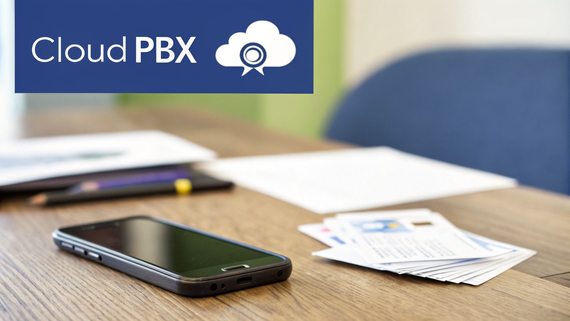A smartphone on a wooden desk with documents and a Cloud PBX banner in an office.