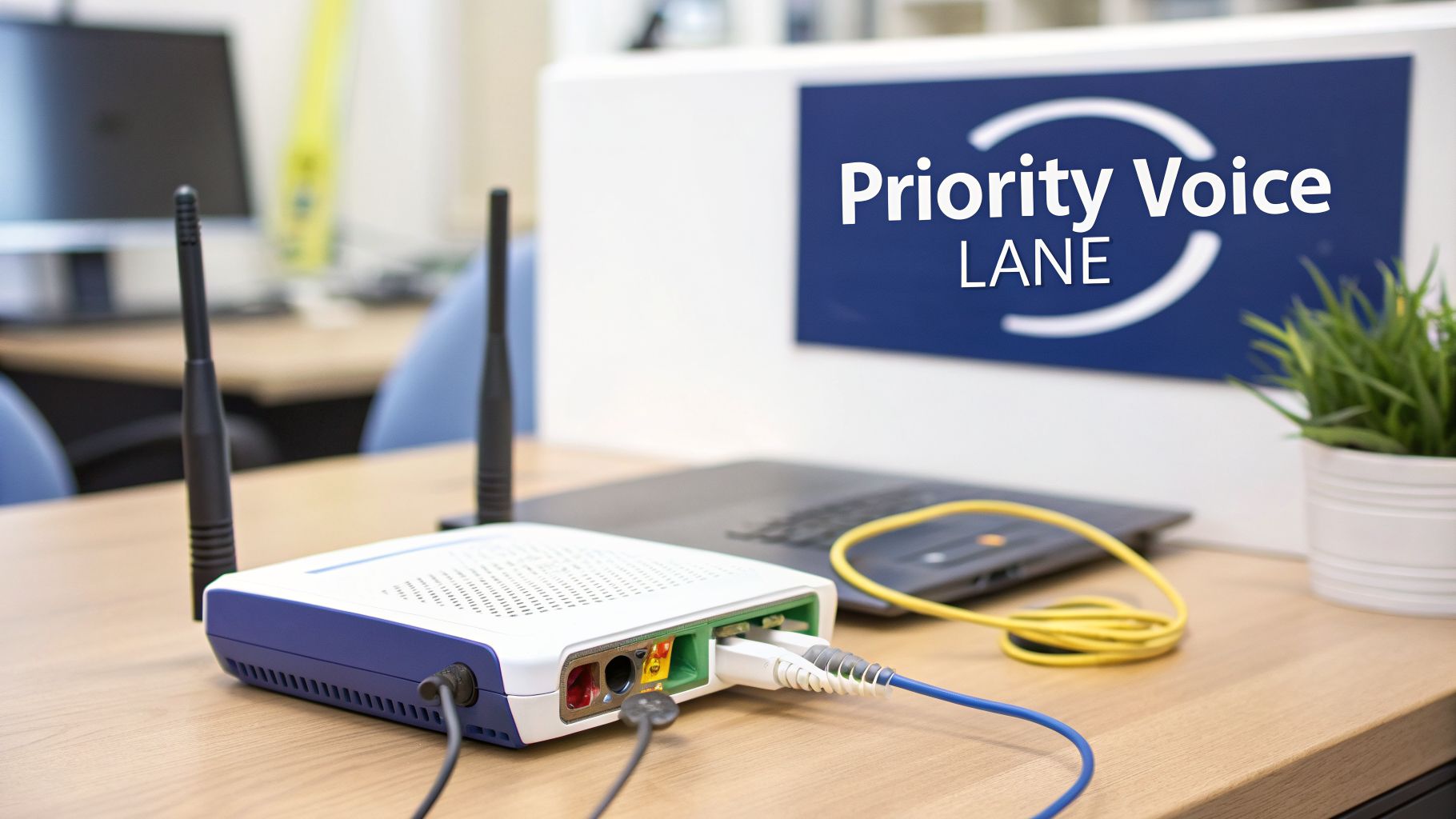 A white and blue router with cables on a wooden desk, a laptop, and a 'Priority Voice LANE' sign.