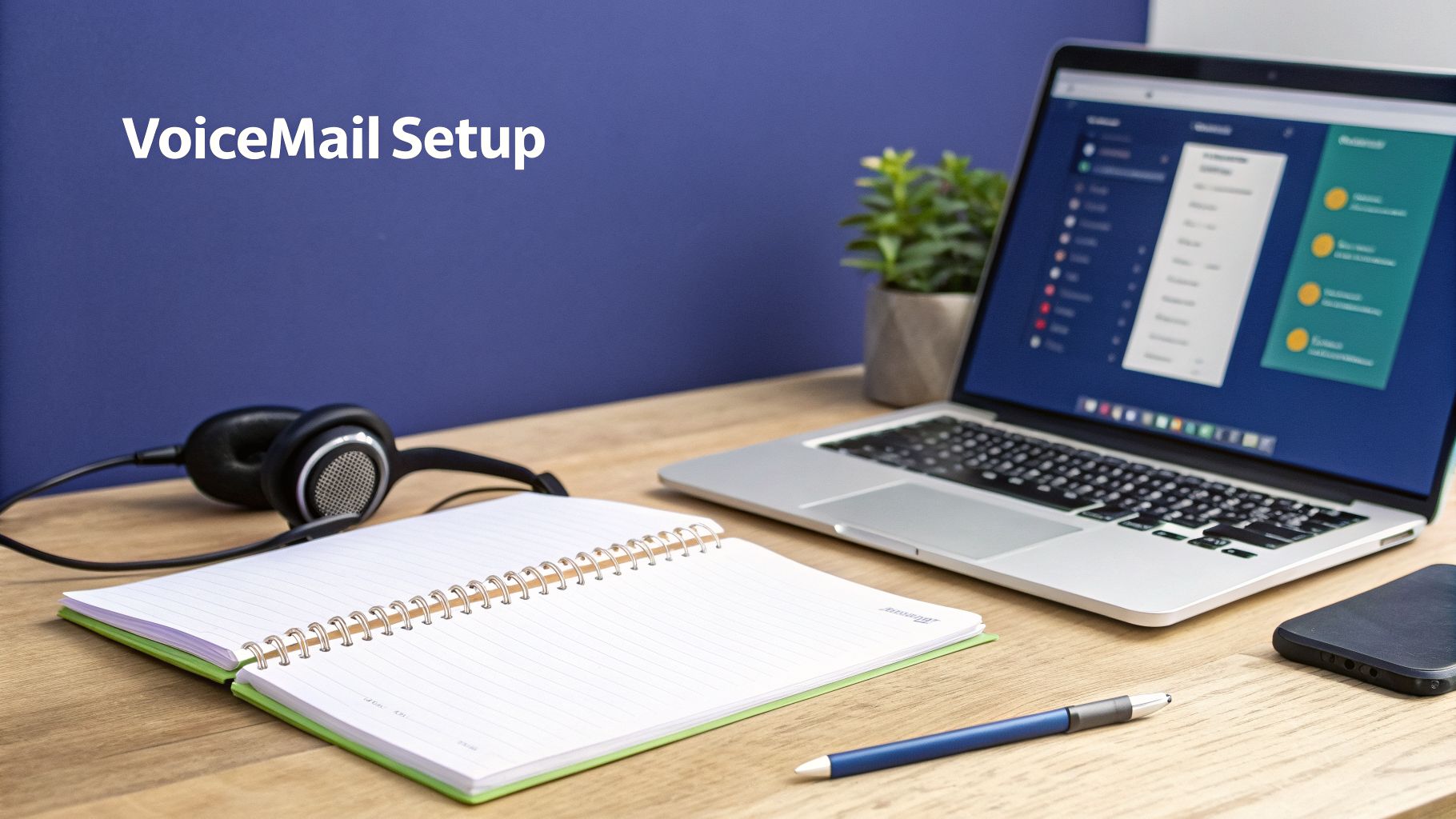 A clean desk setup with a laptop, headphones, notebook, pen, and phone for voicemail setup.