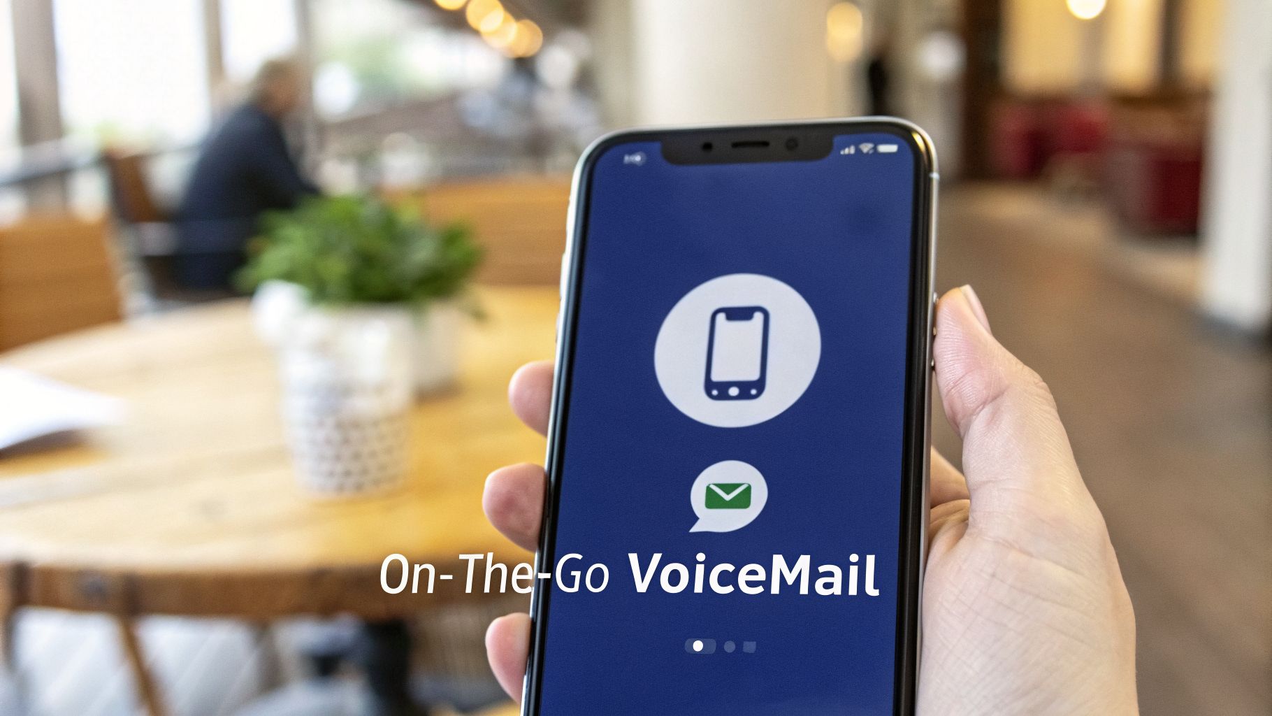 Hand holding a smartphone displaying voicemail icons and 'On-The-Go VoiceMail' text.