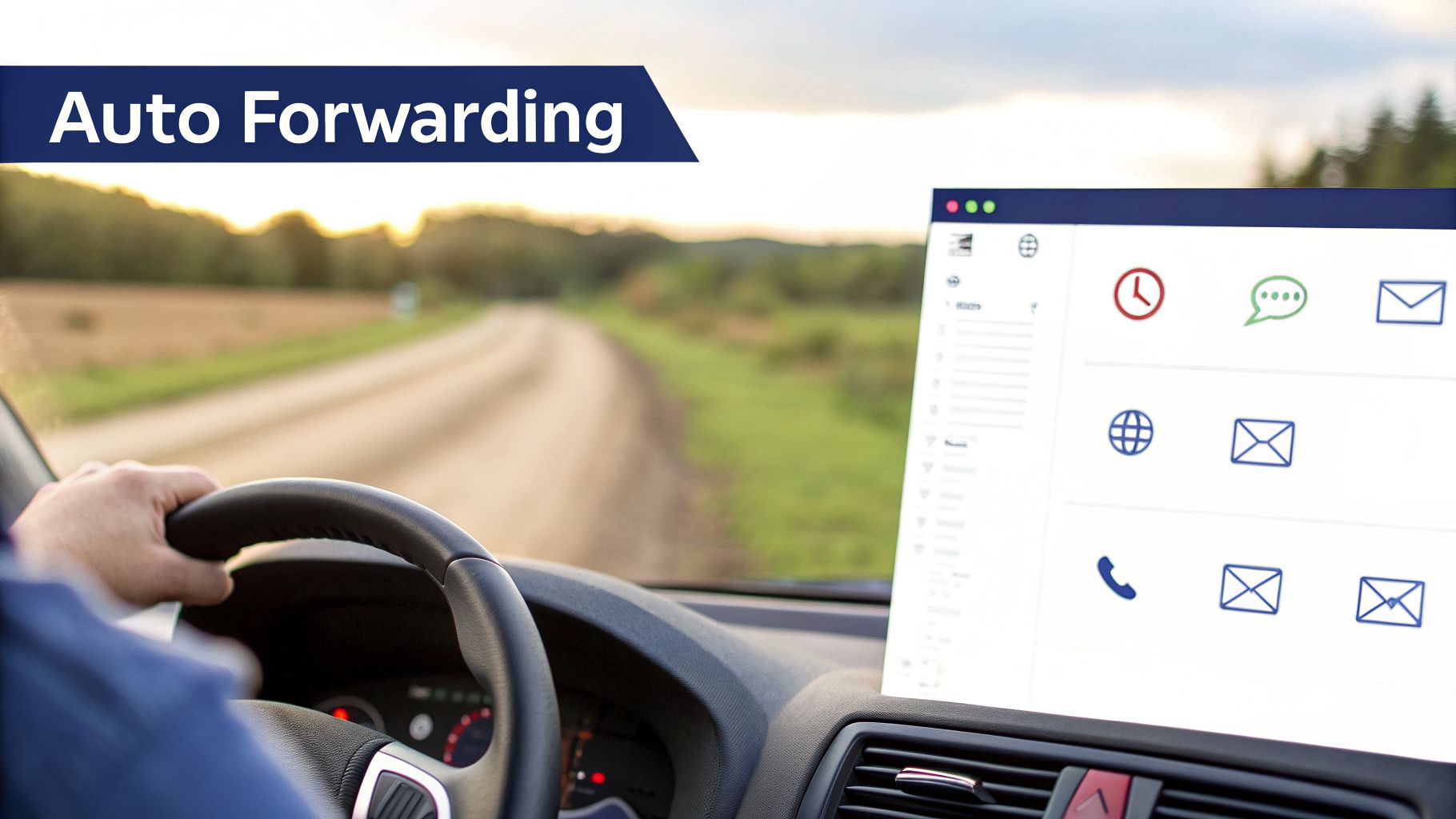 A driver on a rural road, with a dashboard display showing 'Auto Forwarding' text and communication icons.