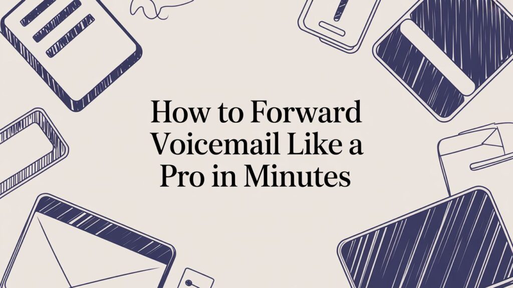 Text reading How to Forward Voicemail Like a Pro in Minutes is centered on a beige background, surrounded by outlined illustrations of phones, an envelope, and tech devices in blue.