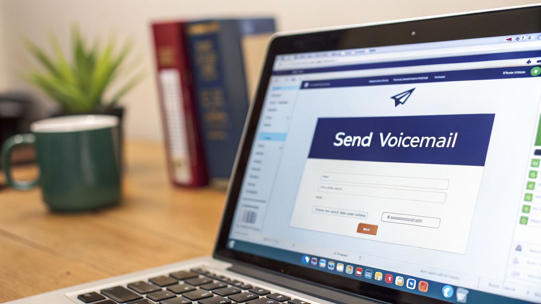 A laptop displays a 'Send Voicemail' application with input fields, beside a mug and books.