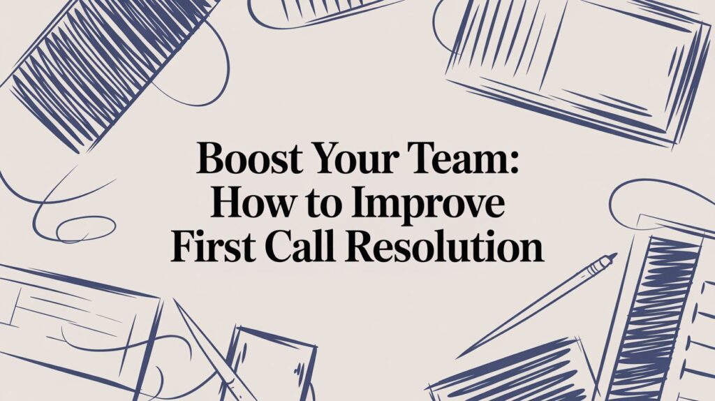 Text in bold reads “Boost Your Team: How to Improve First Call Resolution” on a light background with abstract blue sketches of office supplies like notepads and pencils in the corners.
