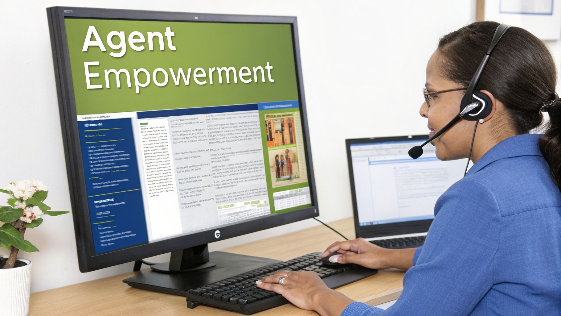 A customer service agent with a headset working on a computer with 'Agent Empowerment' displayed.