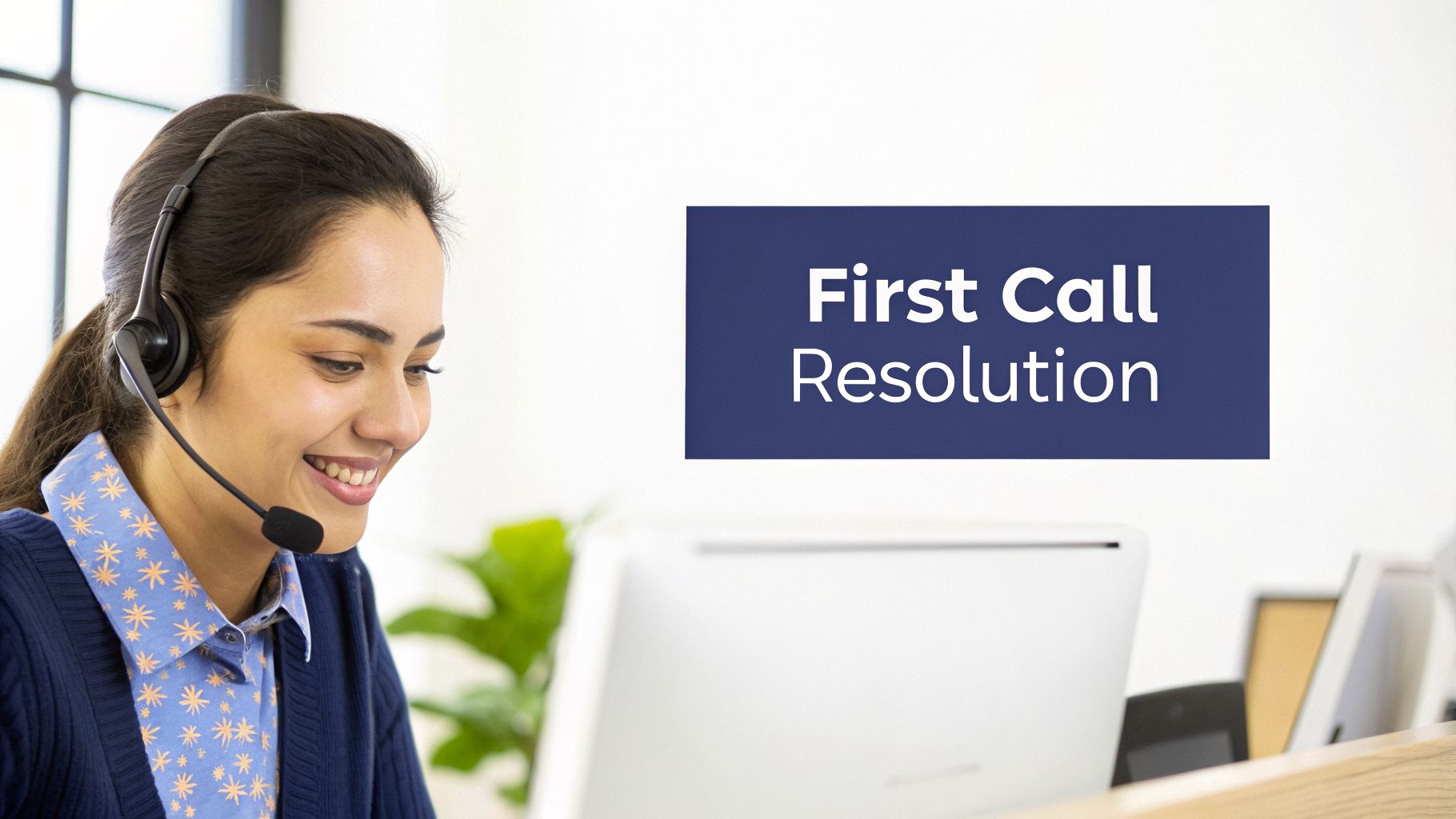 A smiling woman wearing a headset at a call center desk, with "First Call Resolution" text.