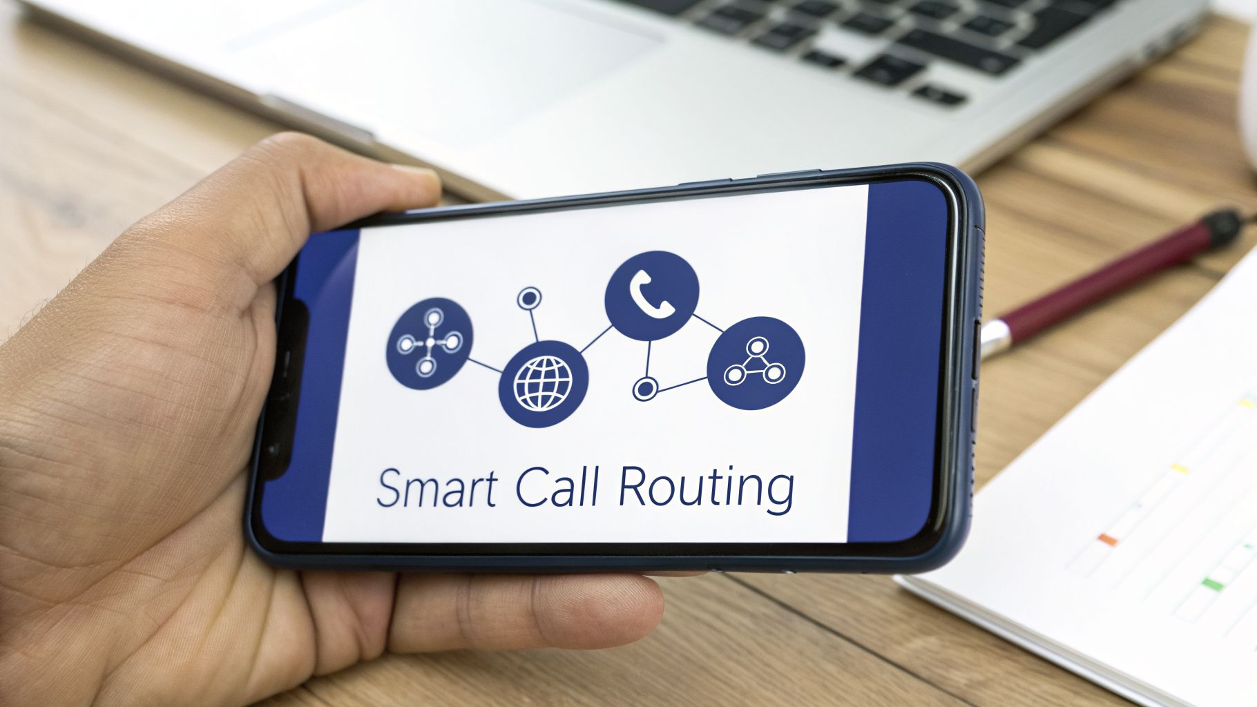 A hand holds a smartphone displaying a 'Smart Call Routing' diagram with interconnected icons.