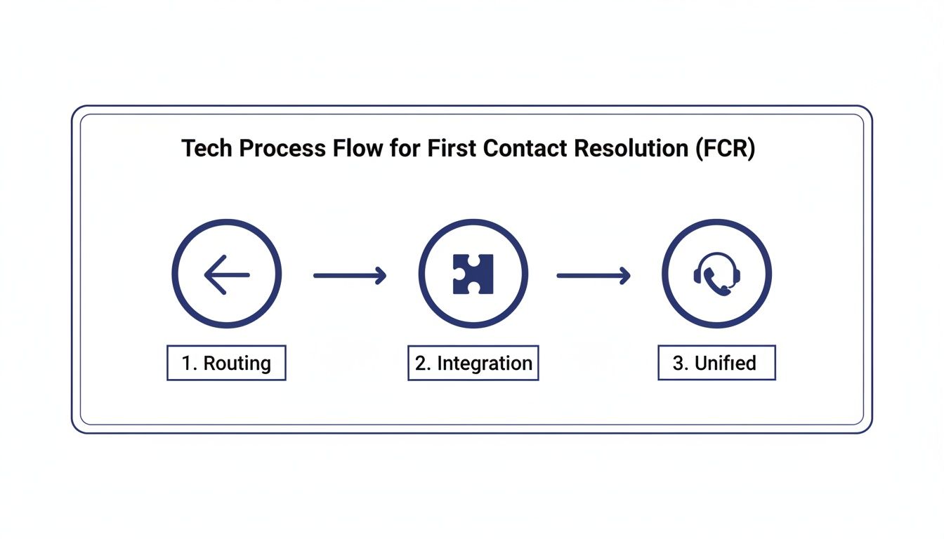 Diagram showing a three-step tech process flow for First Contact Resolution: Routing, Integration, and Unified.