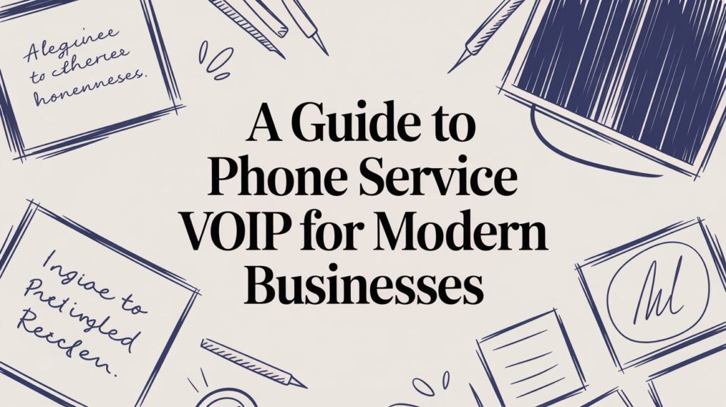 Text reads, “A Guide to Phone Service VOIP for Modern Businesses,” surrounded by hand-drawn sketches of a pen, paper, laptop, notebook, and sticky notes with handwritten text.