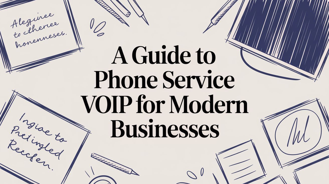 Text reads, “A Guide to Phone Service VOIP for Modern Businesses,” surrounded by hand-drawn sketches of a pen, paper, laptop, notebook, and sticky notes with handwritten text.