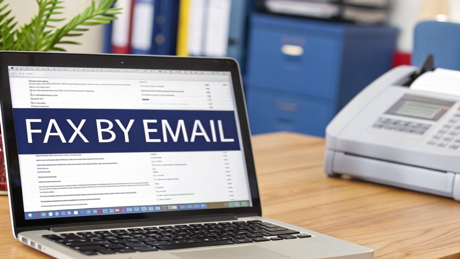 A laptop displays 'FAX BY EMAIL' on its screen, with a traditional fax machine nearby on a wooden desk.