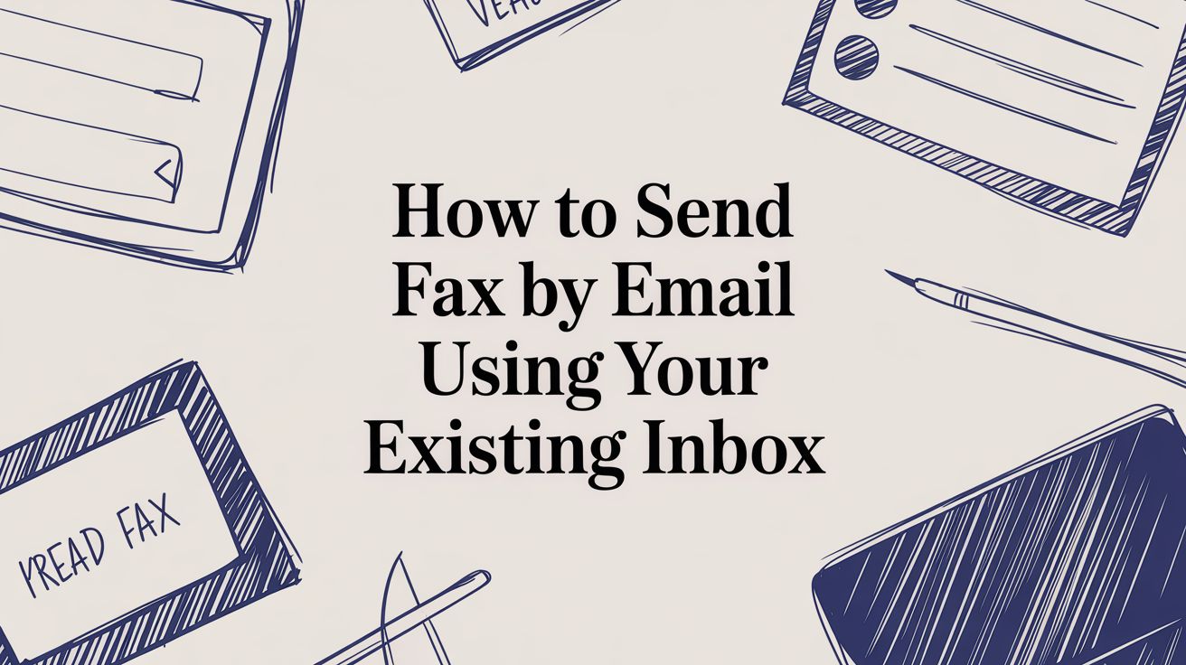 Hand-drawn styled illustration with office supplies and the text How to Send Fax by Email Using Your Existing Inbox centered in bold black font.