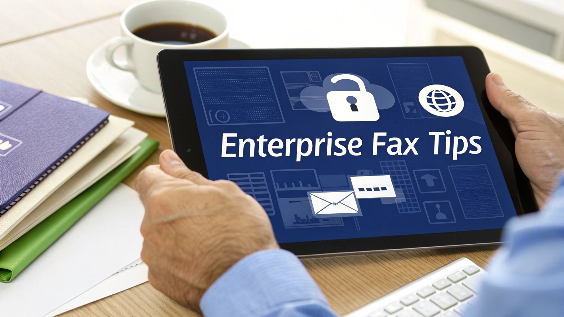 A person holds a tablet displaying 'Enterprise Fax Tips' with security and email icons.