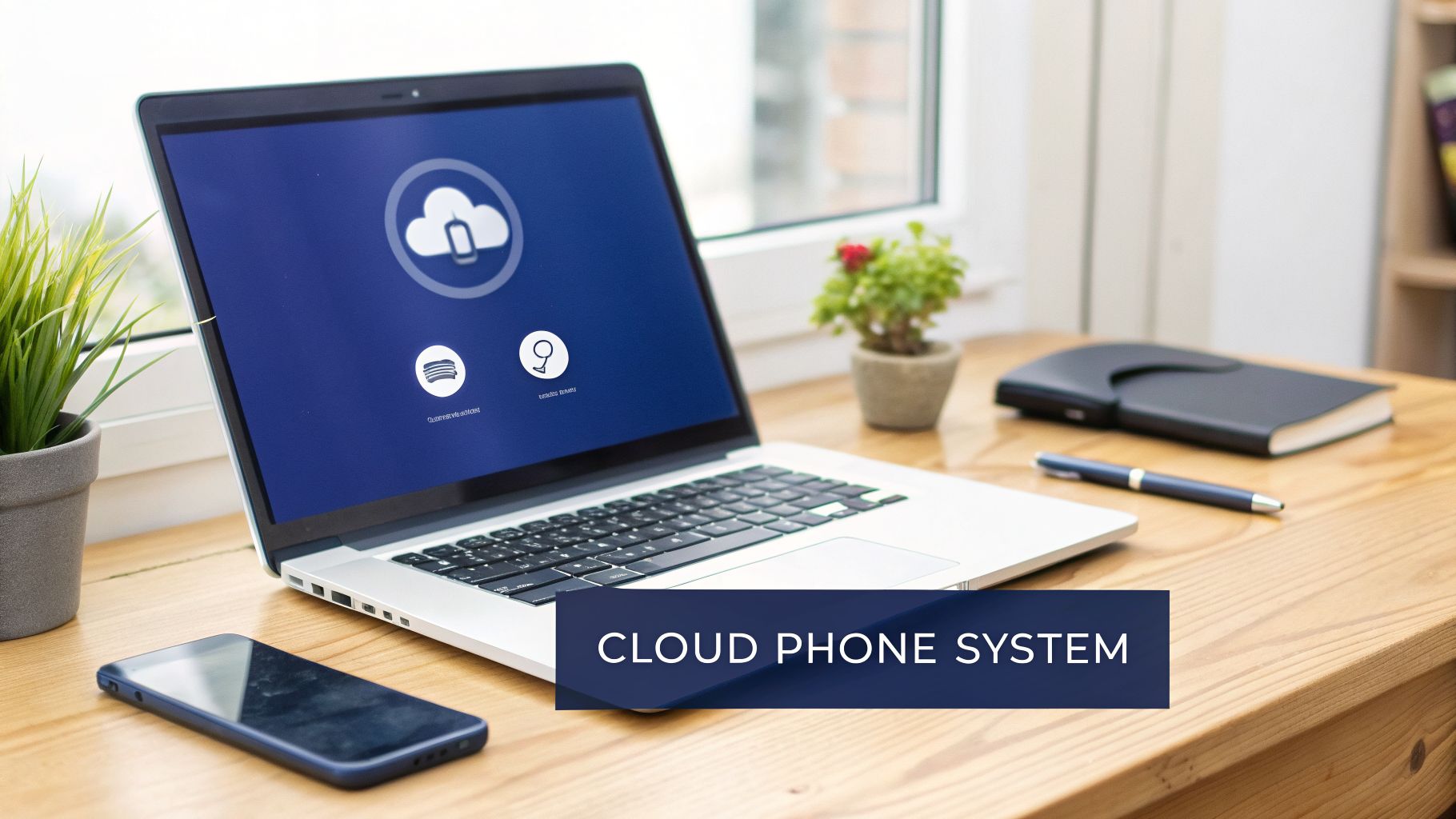 A laptop displays a cloud phone system icon on a wooden desk alongside a smartphone and office supplies.