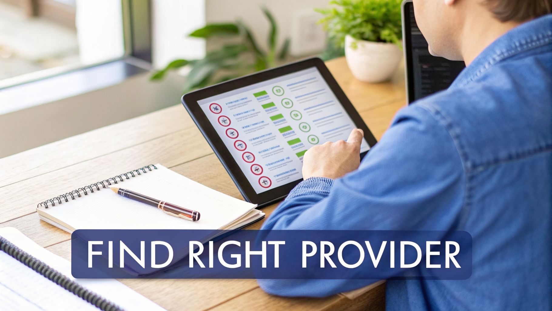 A person reviews options on a tablet screen, pointing, with a notebook and pen on a wooden desk.