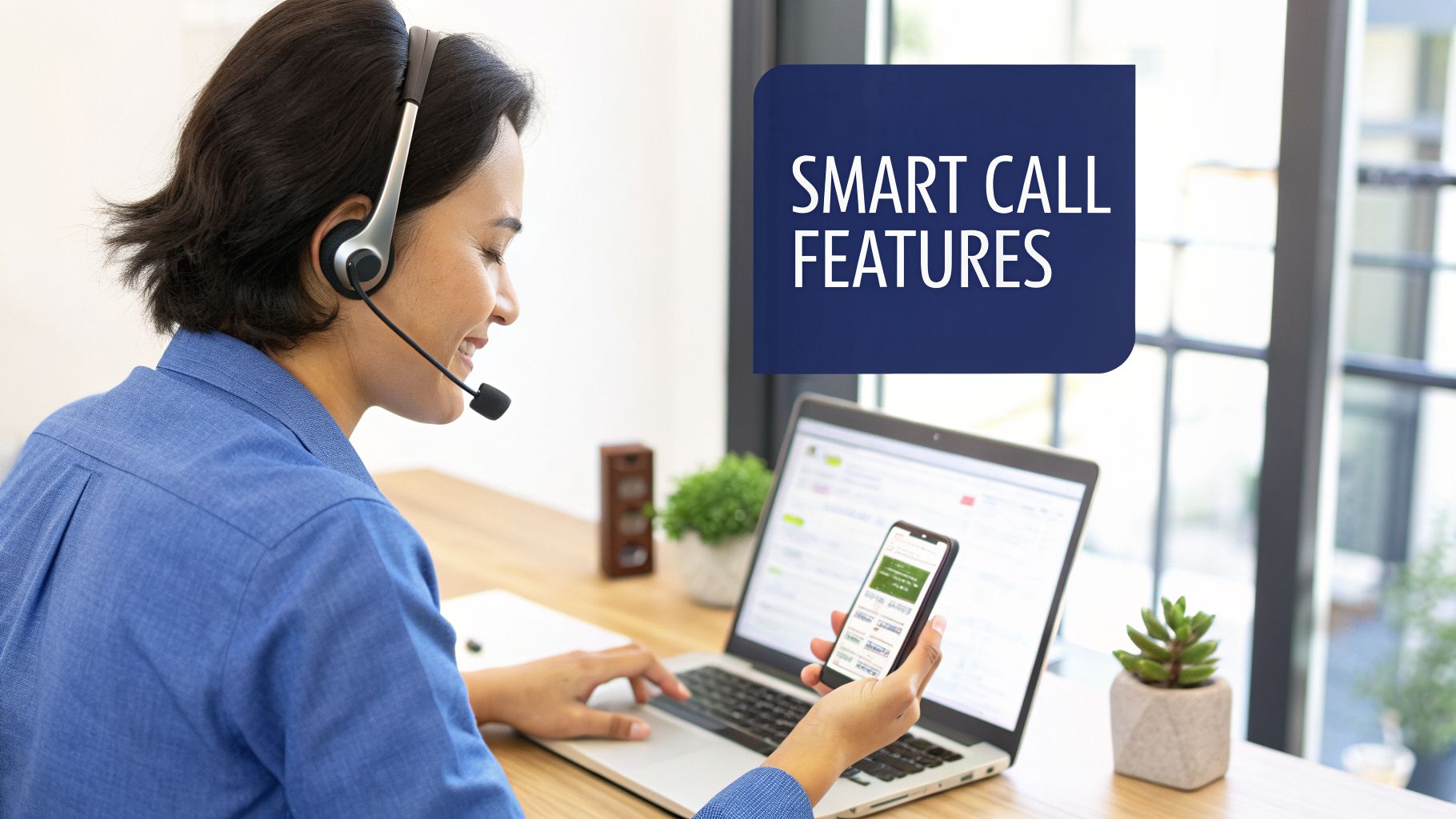 A smiling person wearing a headset working on a laptop and holding a smartphone, highlighting smart call features.