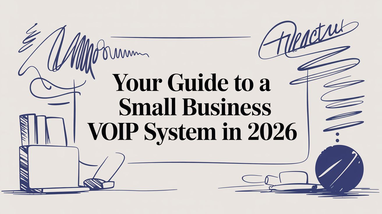 Sketched office items and abstract shapes frame the text “Your Guide to a Small Business VOIP System in 2026” on a light background.