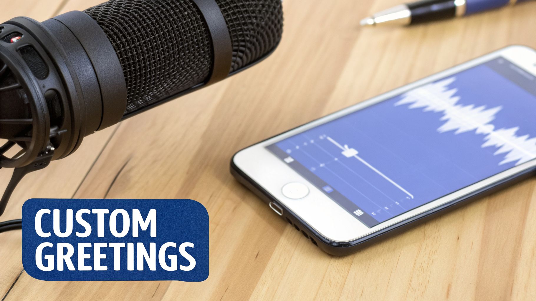A professional microphone and a smartphone displaying an audio waveform on a wooden desk, featuring 'CUSTOM GREETINGS' text.