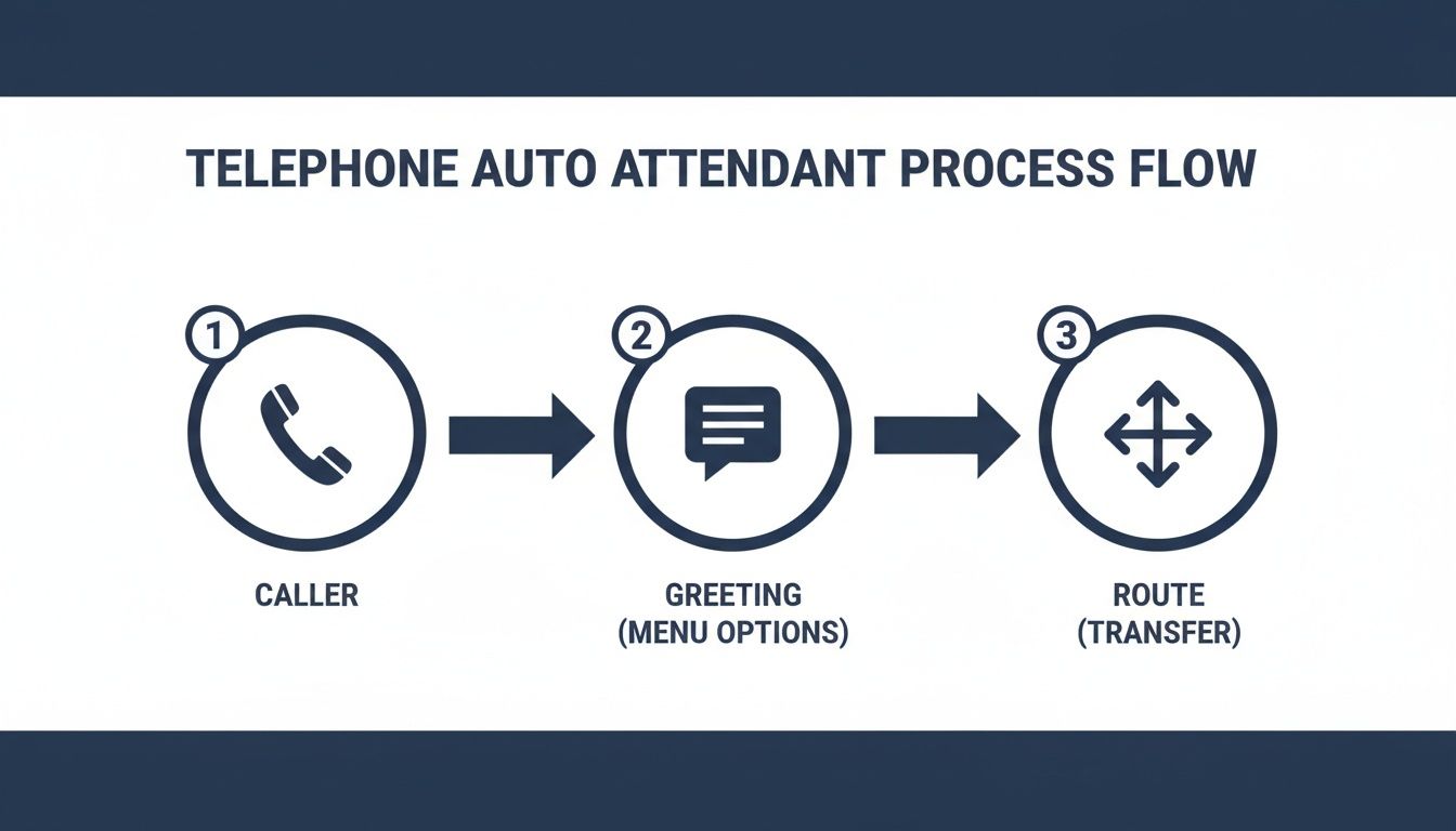 A three-step flowchart illustrating a telephone auto attendant process from caller to transfer.