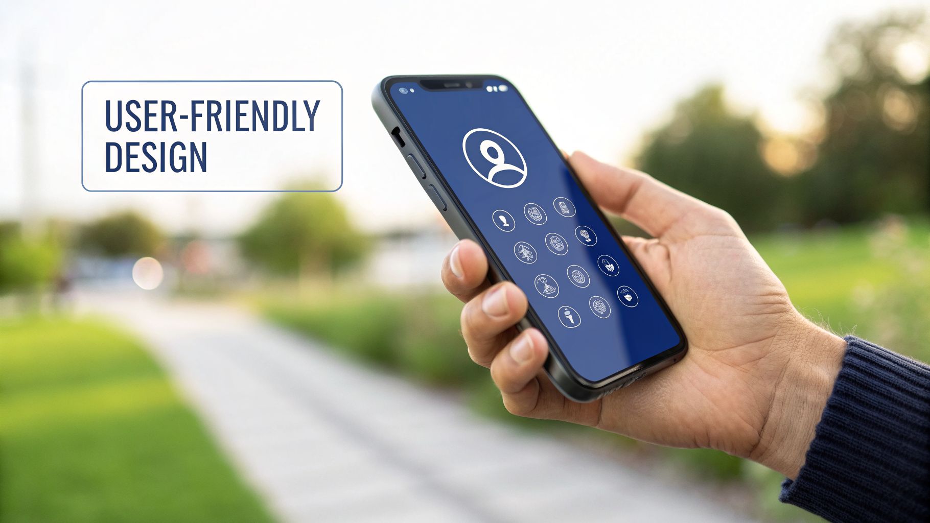 A hand holds a smartphone displaying user-friendly icons, with 'USER-FRIENDLY DESIGN' text on a blurred outdoor background.