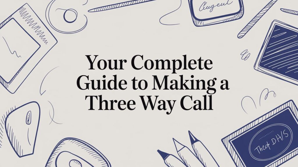 Text reads Your Complete Guide to Making a Three Way Call surrounded by blue doodles of office supplies like a mouse, pen, notepad, and phone on a white background.