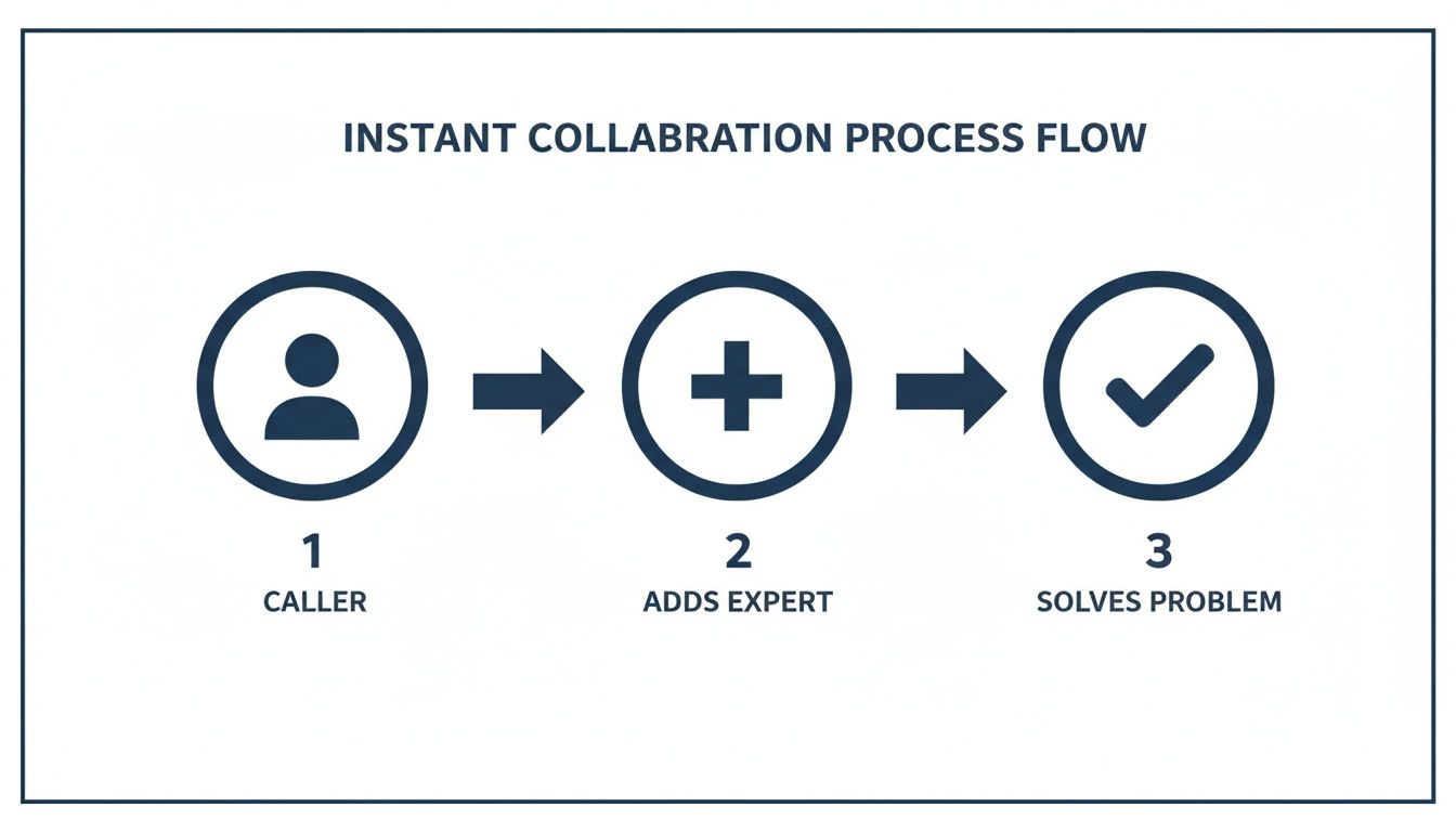 Instant collaboration process flow diagram showing three steps: caller, adds expert, and solves problem.