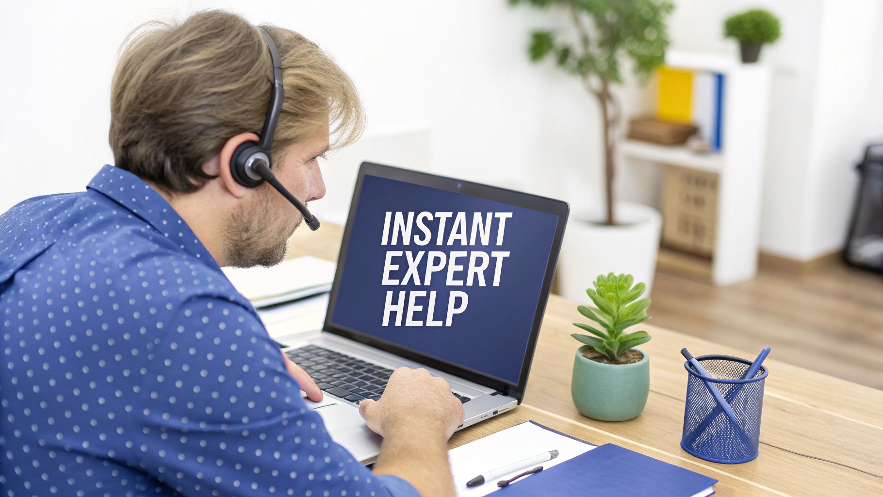 A man wearing a headset with a microphone, typing on a laptop showing 'INSTANT EXPERT HELP' on screen.