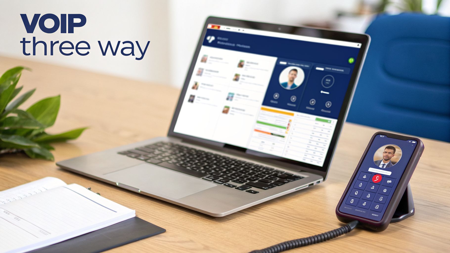 Business desk with a laptop and smartphone displaying VOIP three-way calling interfaces.