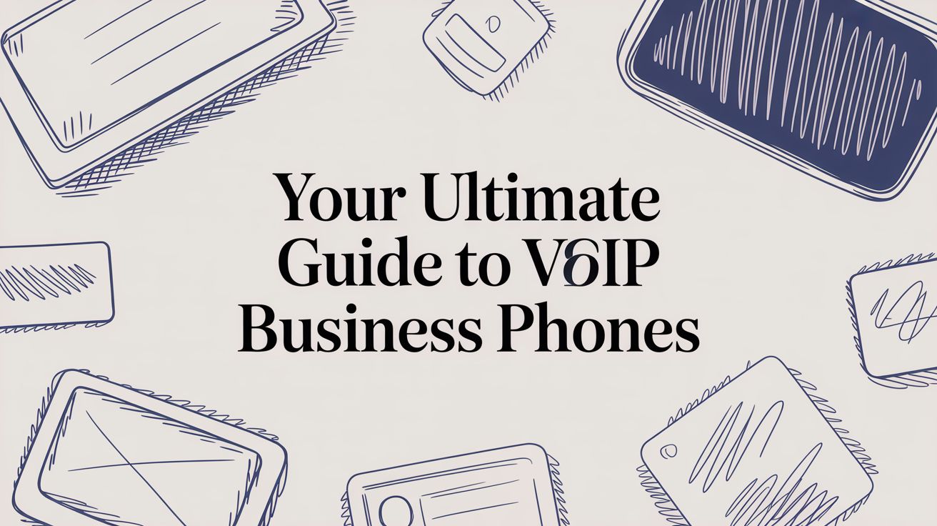Text reading Your Ultimate Guide to VoIP Business Phones is centered on a light background, surrounded by hand-drawn outlines of several phones and tablets in blue.