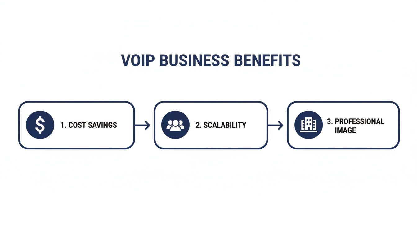 Diagram illustrating three VOIP business benefits: cost savings, scalability, and a professional image.