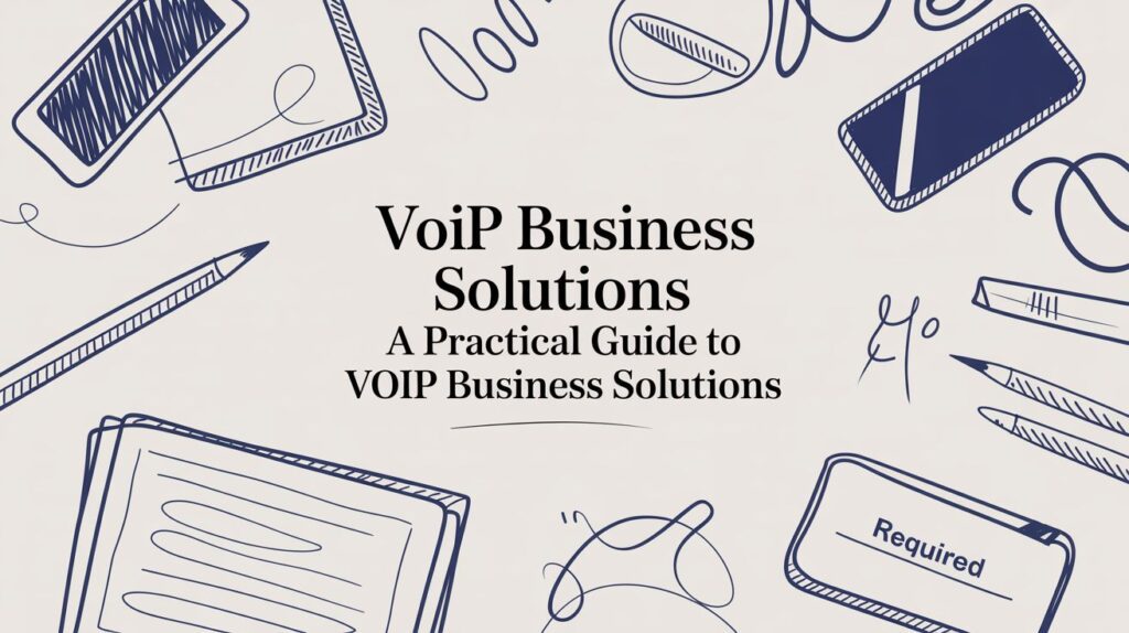 A graphic with the title VoIP Business Solutions: A Practical Guide to VOIP Business Solutions surrounded by blue line drawings of office supplies like notebooks, pens, a phone, and paper.