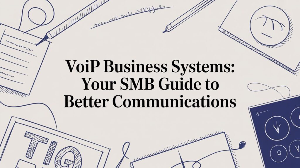 Illustrated background with office supplies and the text VoIP Business Systems: Your SMB Guide to Better Communications in the center.