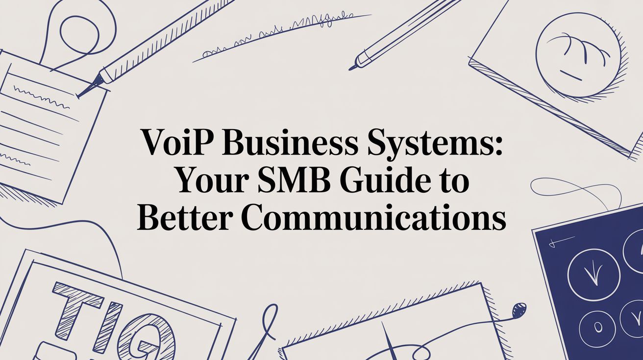 Illustrated background with office supplies and the text VoIP Business Systems: Your SMB Guide to Better Communications in the center.