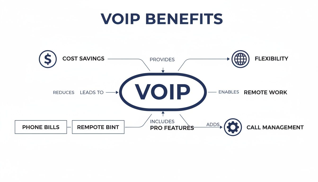 A diagram titled 'VOIP BENEFITS' detailing advantages like cost savings, flexibility, remote work, pro features, and call management.