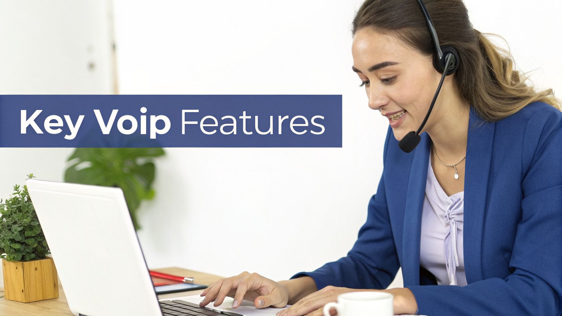 Smiling woman with a headset working on a laptop, illustrating Key Voip Features.