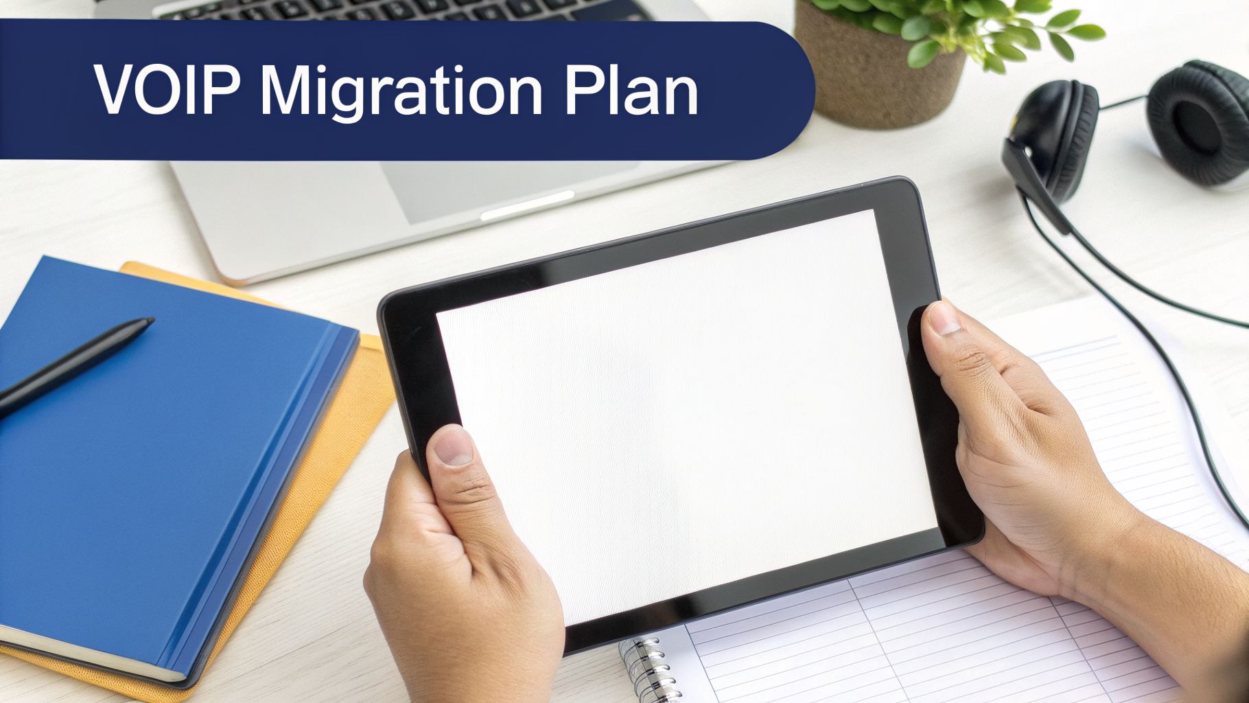 Person holds a tablet with a blank screen on a desk, next to notebooks and a laptop. Text reads: VOIP Migration Plan.