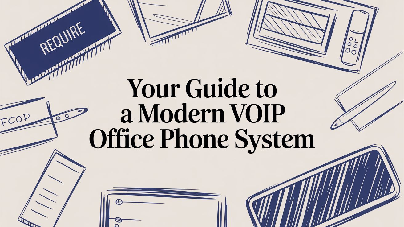 Illustrated office items surround the text Your Guide to a Modern VOIP Office Phone System on a beige background.