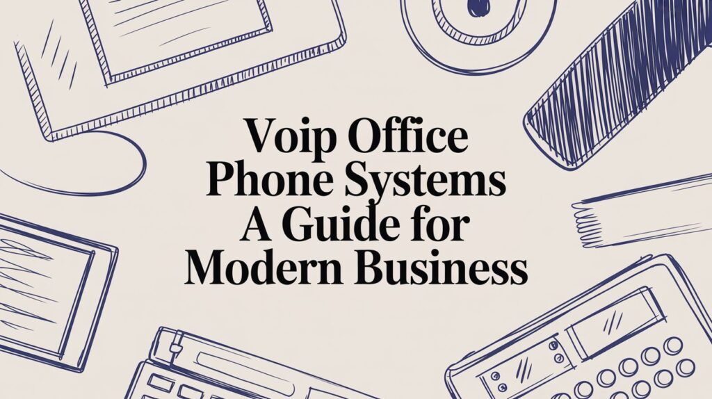 Hand-drawn office equipment surrounds the text VoIP Office Phone Systems: A Guide for Modern Business on a beige background.
