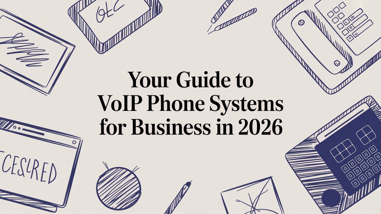 Illustrated business items surround the text “Your Guide to VoIP Phone Systems for Business in 2026” on a beige background.