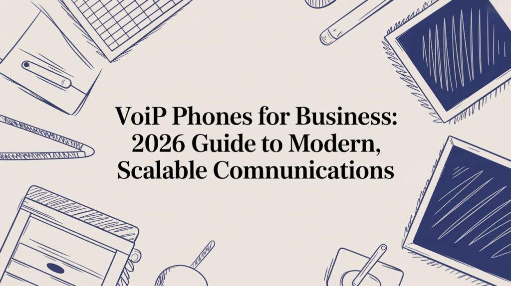 The image features the title VoIP Phones for Business: 2026 Guide to Modern, Scalable Communications centered, with illustrated office supplies like pens, notepads, and tablets sketched around the edges.